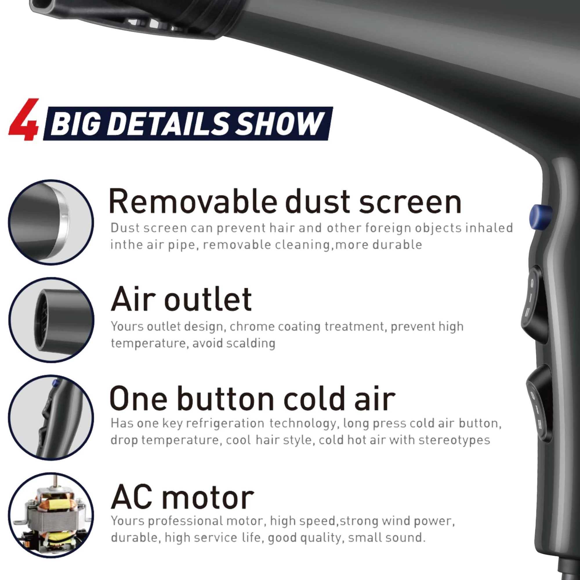 Hair Dryers Professional Hair Dryer For Household 2000W Electric Mute Hot/cold Strong Wind Fast Hair Dryer Portable Sonifer 240401