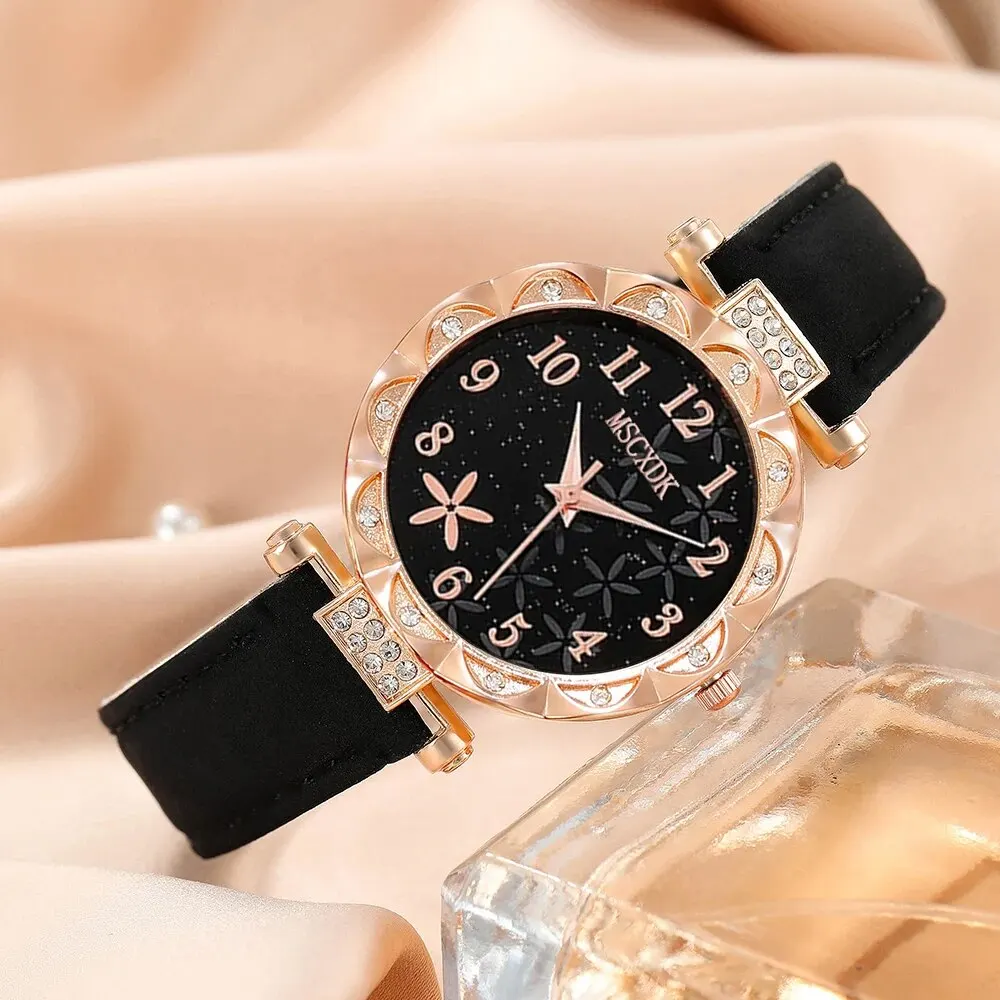 6pcs Black Flower Quartz Watch Dainty Bracelet For Women Leisure Casual 2025 Round Rhinestone Hollowed new Pattern Bracelet Set