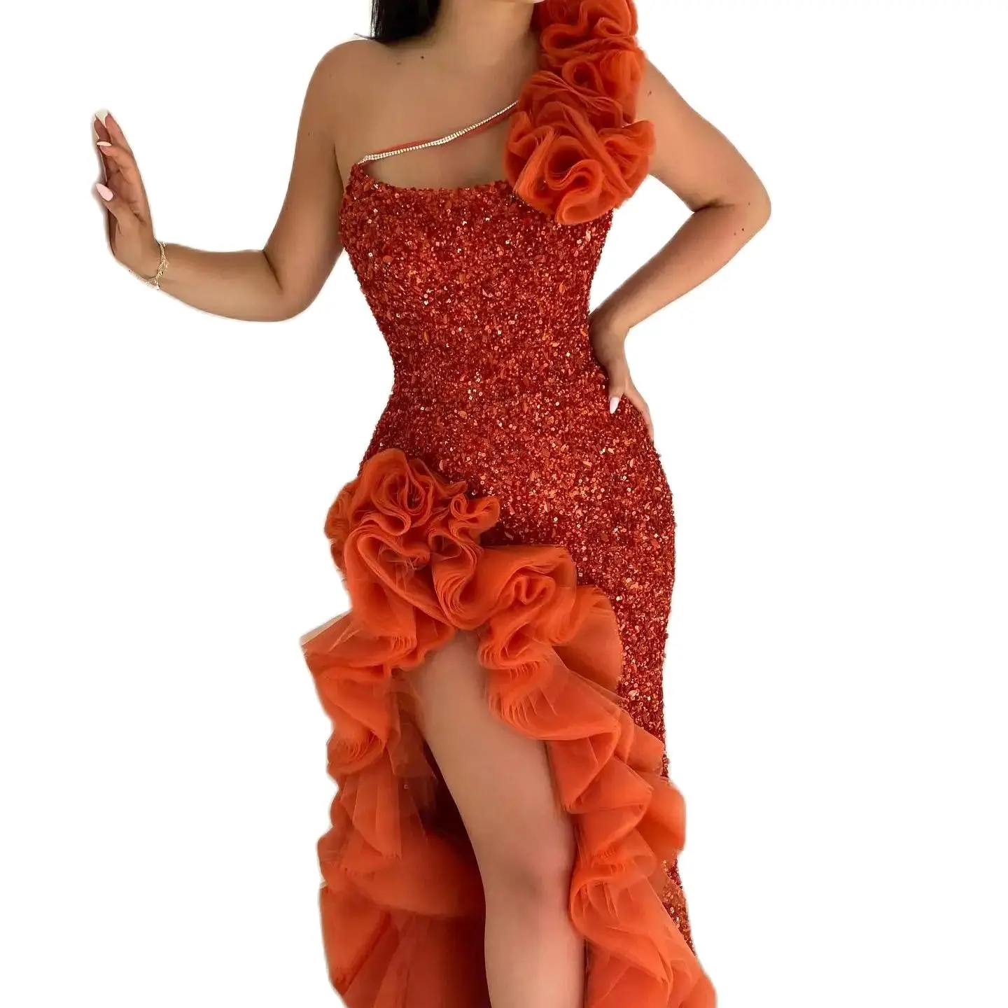 Designer Evening Dresses For Women One Shoulder Sequins Gown Ruffles Sweep Train Split Side Dress For Party Custom Made Vestidos de noche