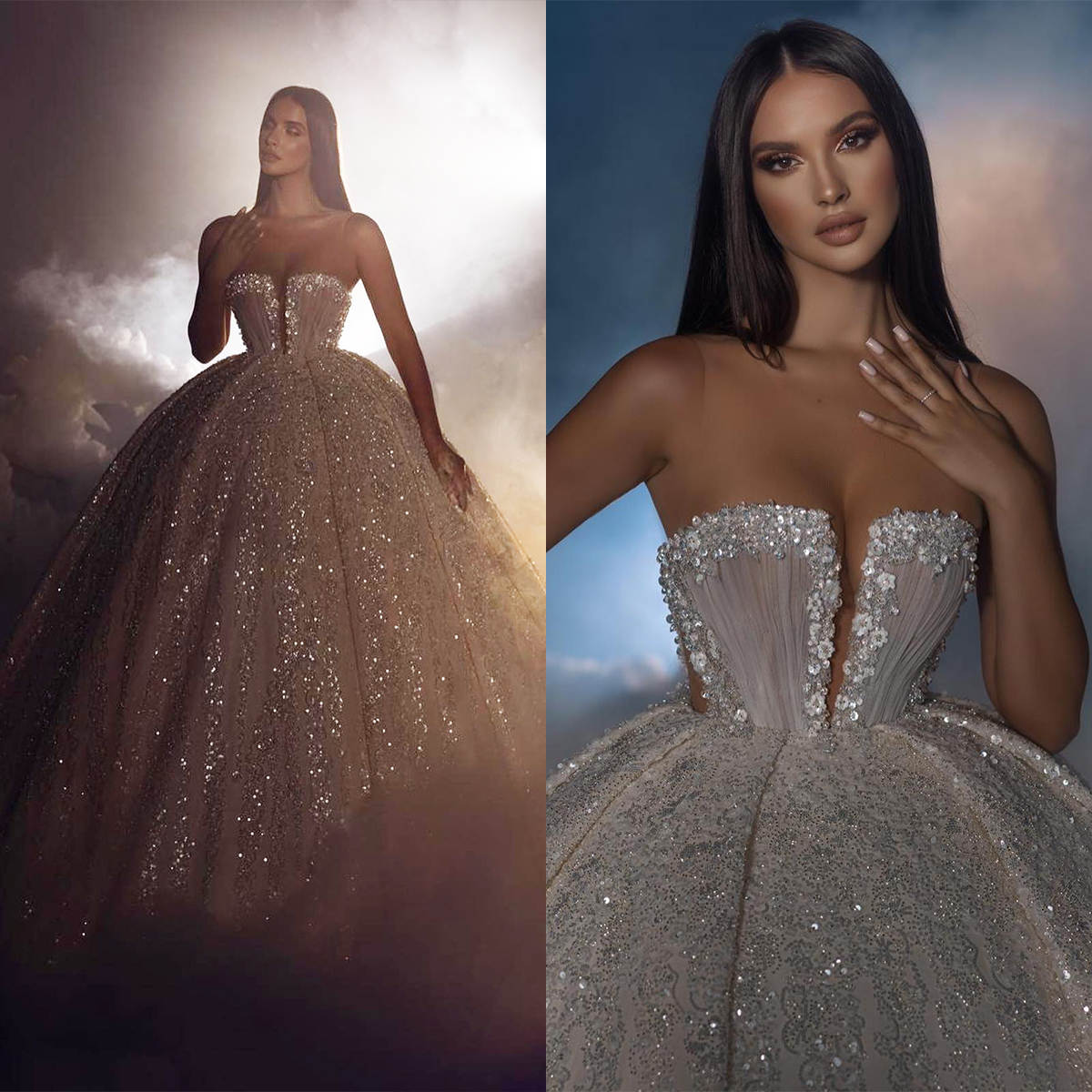 Customized Exquisite Ball Gown Sequins Appliques Beaded Strapless Wedding Dress Sleeveless Sweep Train Lace Bridal Dresses