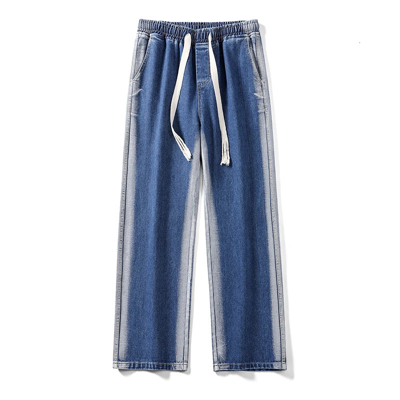 Mens Baggy Straight Jeans Fashion Striped Tie Dye Stretch Waist Drawstring Casual Vintage Denim Trousers Male Streetwear 241024