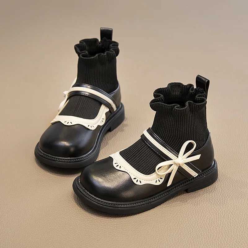 Childrens socks boots girls hook and loop color matching lace fashion childrens leather shoes anti slip sweet princess boots new M241102