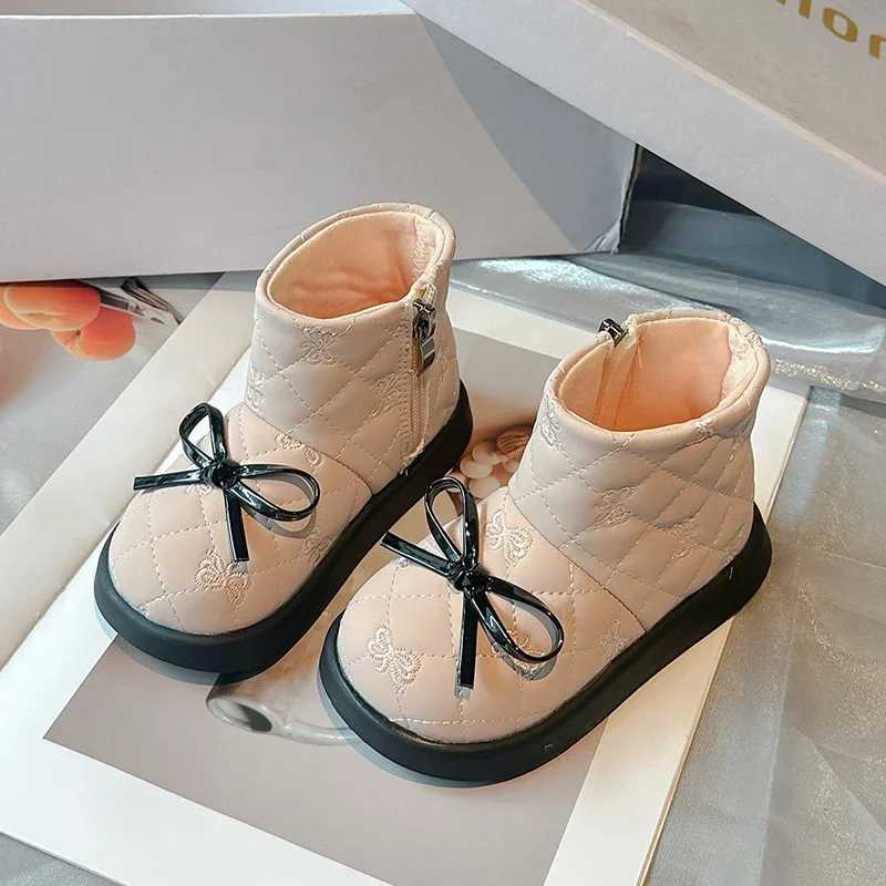 Elegant girl fashion princess boots fashion bow Versatile childrens short boots round non slip ankle boots side zipper M241102