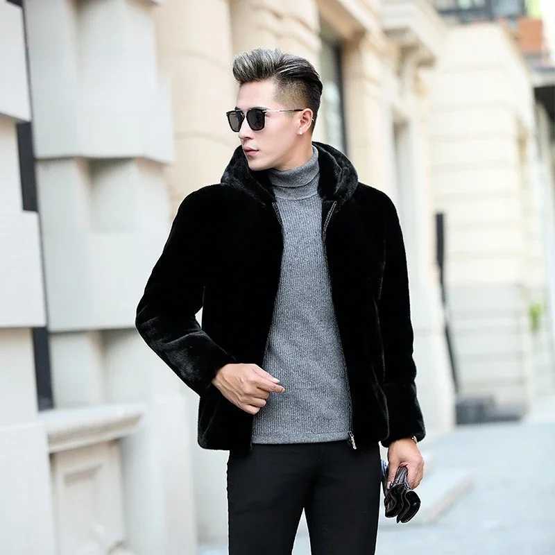 New Mens Winter Jacket Faux Fur Coat Long Sleeve Tops High-end Luxury Designer Clothing Plus Size Fashion Hooded Lapel JacketXJ241102