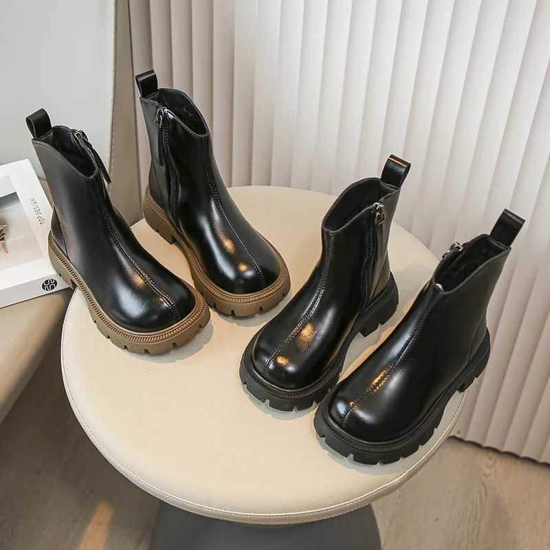 Girls ankle boots with side zipper childrens fashionable leather boots anti slip childrens black short boots anti slip winter new item M241102