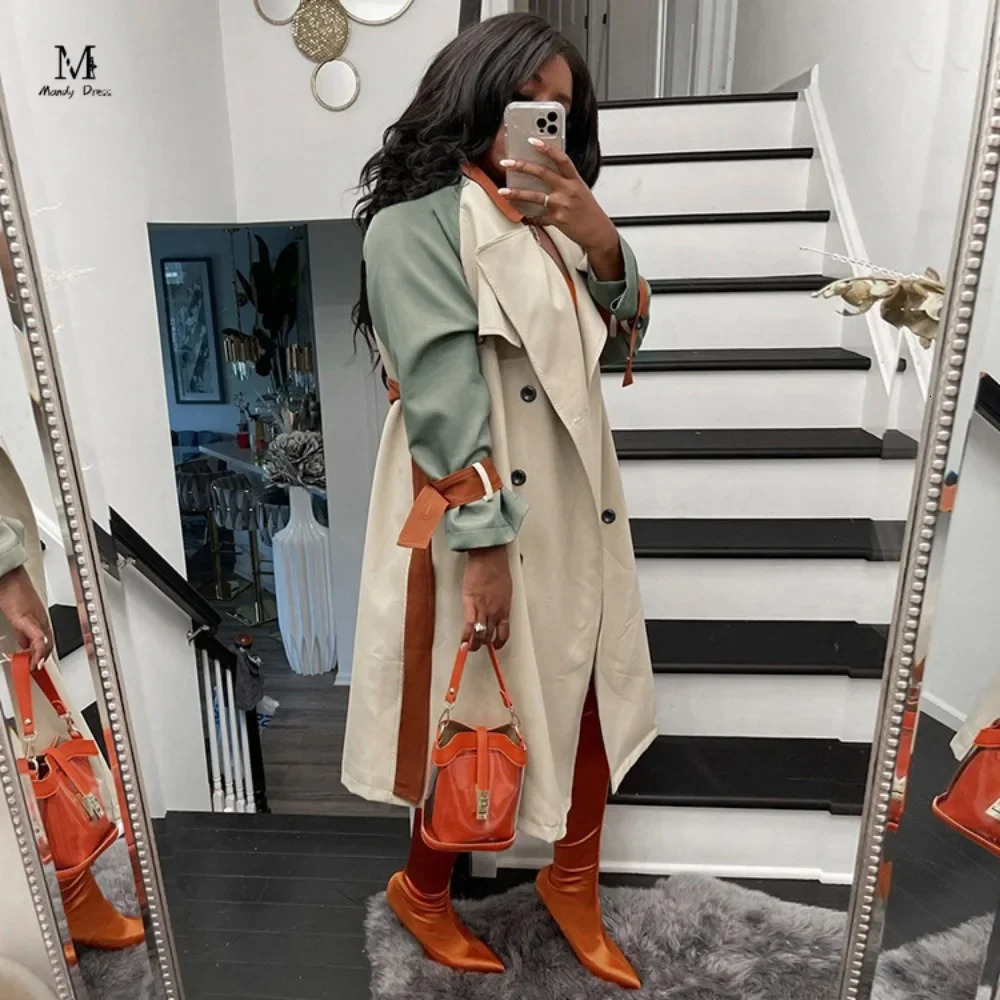 Fashionable womens trench coat long sleeved with patchwork work loose jacket autumn and winter streetwear plus size womens coat 241031