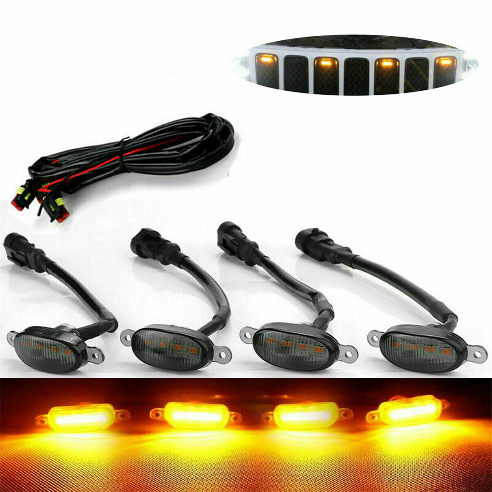 Front Grille LED Light Raptor Style Grill 4pcs Smoked Lens Amber Car Light LED Running Lights For Jeep Grand Cherokee 2003-2021
