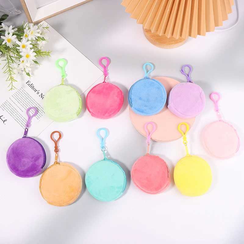 Candy Color Round Plush Coin Purse Women Cute Solid Color Change Pouch Wallet Keychain Portable Earphe Storage BagsXJ241111