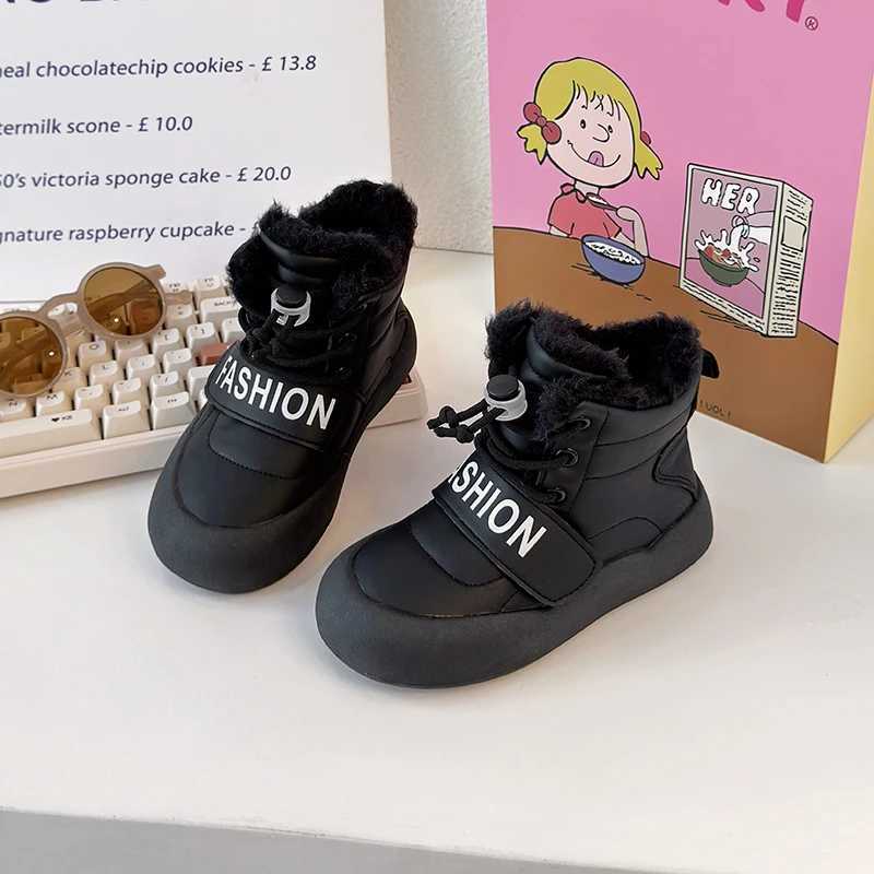 New childrens snow boots with thick soles warm girls cotton boots fashionable leather boots childrens plush boots patch work round toe M241102