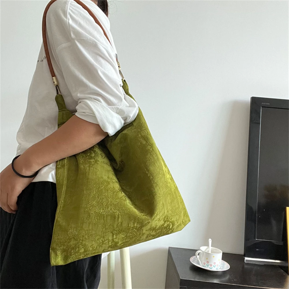 Women Handbag Totes Vintage 2025 Jacquard Silk new Sati Linen Underarm Bag Portable Knot Wrist Bag Adjustable Pu Crossbody Travel Bag