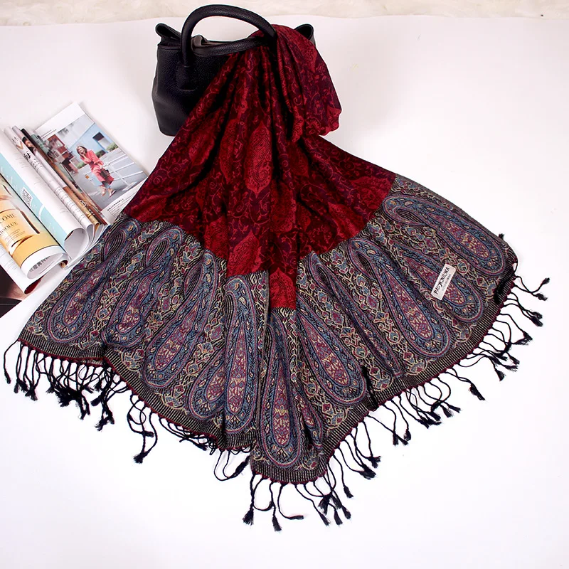 Big Jacquard Luxurious Cashew Paisley Pashmina Boho Women's Shawls Muslim Head Wrap Ladies Winter Ethnic Fringed Travel Scarves smile