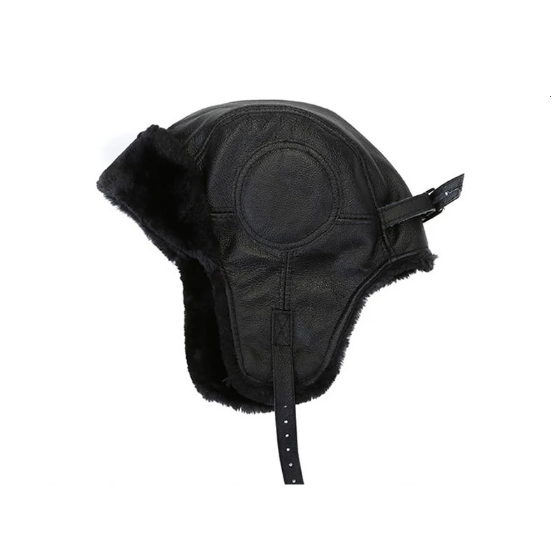 Mens winter womens Leifeng genuine leather hat pilot bomber trap hat artificial fur snow hat with ear flaps windproof and warm 241031