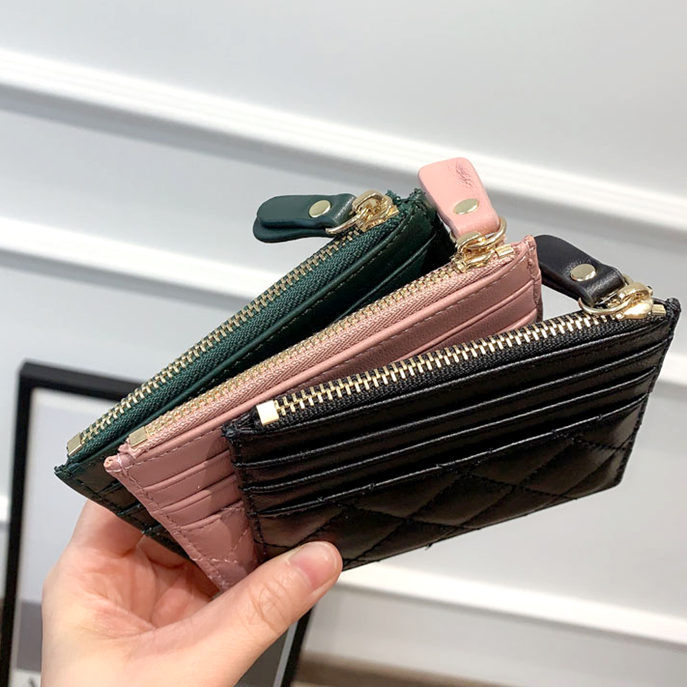 100% Genuine Leather Zip Card Holder Custom Initials Mini Sheepskin Diamond Quilted Wallet Luxury Engrave Letter Slim Coin Purse