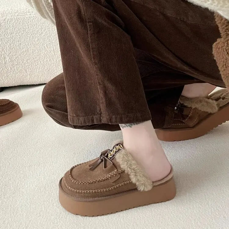 Women's Leather Shoes Cover Toe Ladies Slippers Med Platform Flock Fringe Flat Snow Boots Rome Fur Shearling Slides Rub