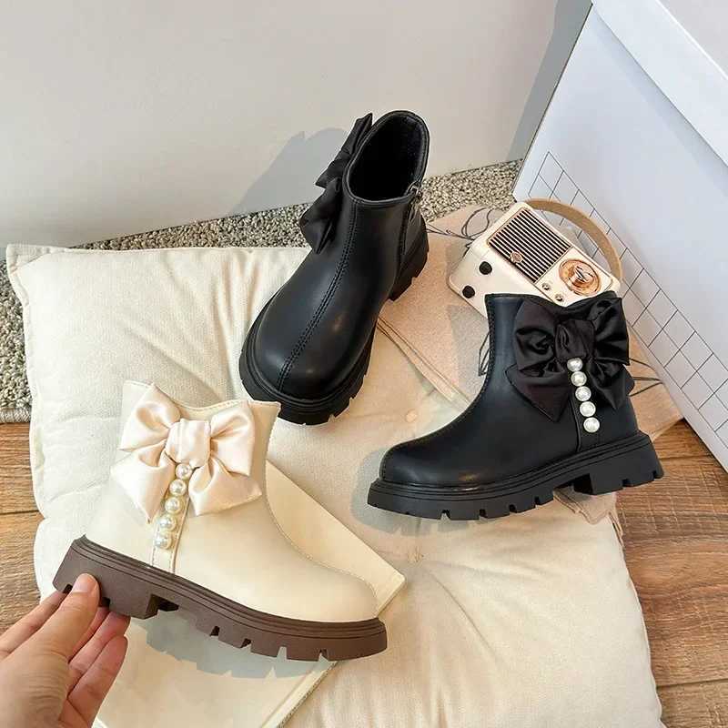 Childrens short boots with big bow fashionable girls princess boots with side zipper autumn new childrens ankle boots thick soft sole M241102