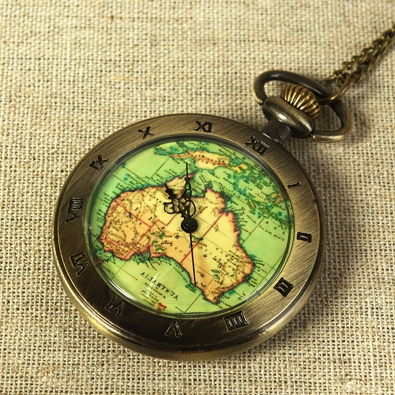 Classic Retro Bronze World new Map Quartz 2025 Pocket Watch with Necklace Chain Exquisite Pendant Gift Men's Clock Gift