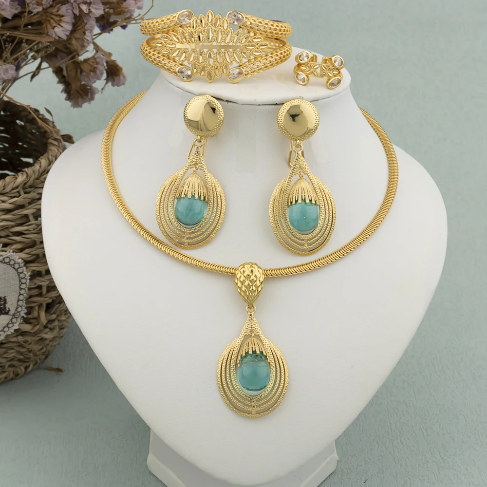 4 pcs Women Dubai Jewelry 2025 Sets Italy Drop Earrings Gold Plated Female Necklace Bracelet Ring Engagement Bridal new Jewelry Gift
