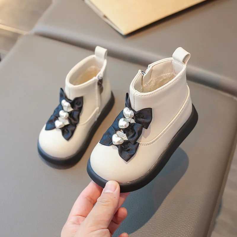 Butterfly knot childrens fashion boots winter short furry soft baby shoes princess ankle shoes PU leather warm zipper childrens shoes M241102