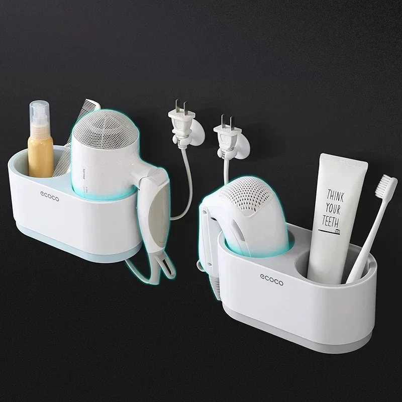 Hair Dryers ECOCO Hair Dryer Rack Wall Mounted Punch Free Bathroom Accessories Set Home Bathroom Shelve Bathroom Holder Tool Drainage 240401