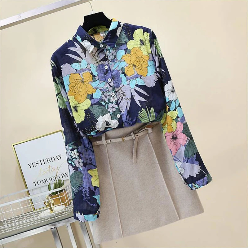 Spring Autumn Cotton Linen Casual Fashion Floral Print Shirt Ladies Loose All-match Sweet Blouse Femme Comfortable Top Women 240329
