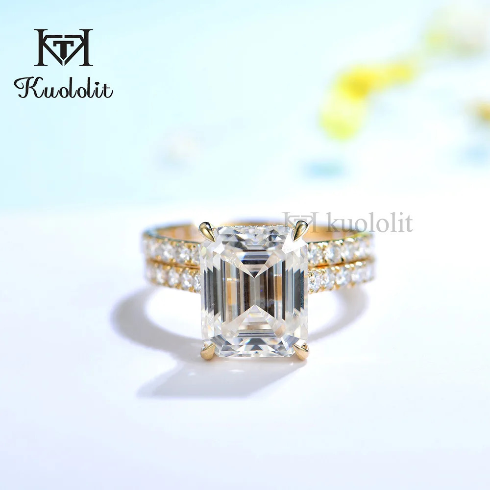 Kuololit 5CT AU750 18K 14K White Gold Set Ring for Women Emerald Cut D VVS Solitaire Engagement Party Gifts 240402