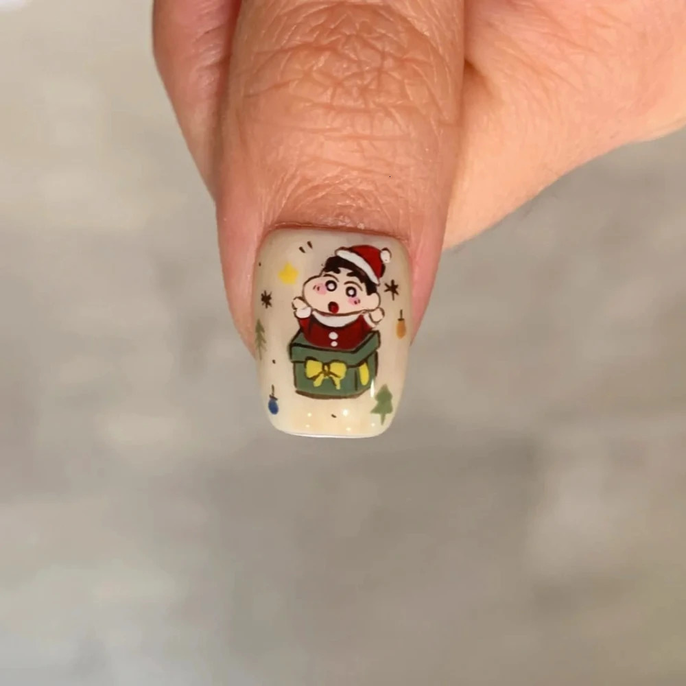10 Handmade Pressing Christmas Nails Cute 3D Snowman Short Coffin Limited Fake Nail n Art DIY Nail Set 241031