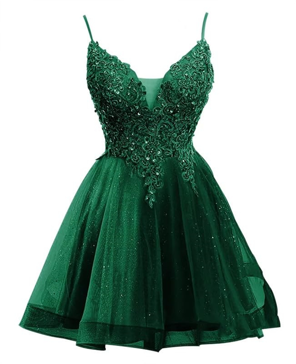 Short Homecoming Dresses Deep V-Neck Appliques Sequins Beading Tulle Lace-up Ball Gown Cocktail Formal Occasion Cocktail Prom Party Graudation Gowns H