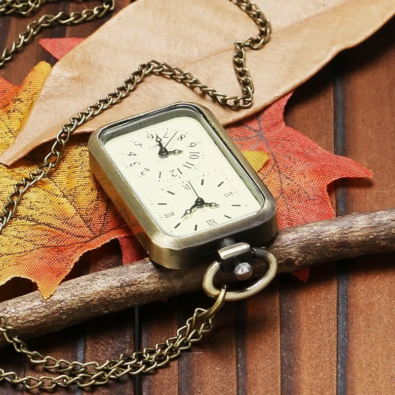 new Retro Bronze 2025 Square Dual Time Zone MiniDesign Quartz Pocket Watch with Necklace Chain Leisure Pendant Gift Men's Clock