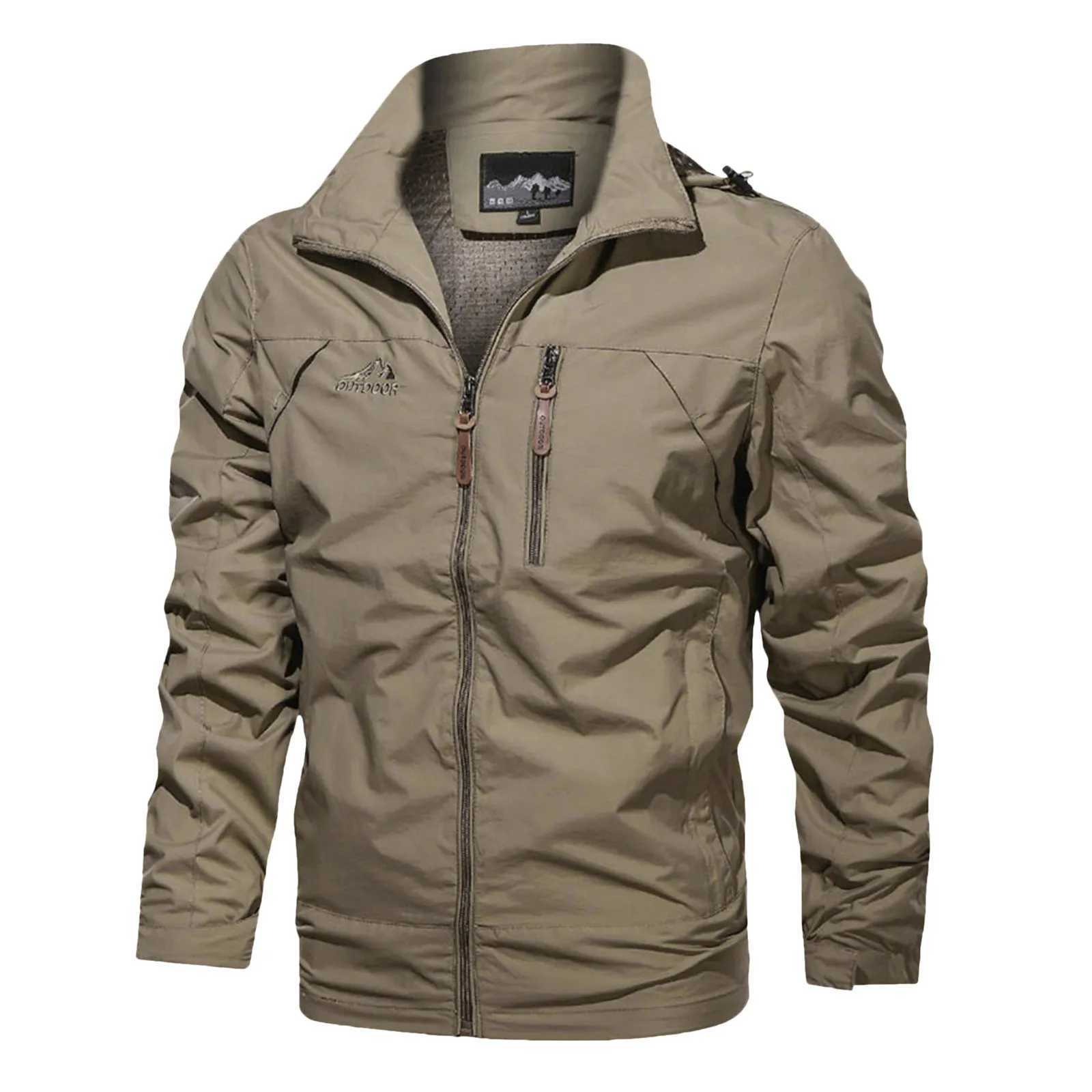 Outdoor mens trench coat hiking windproof waterproof jacket casual solid color lapel LTI pocket cargo jacket W241102
