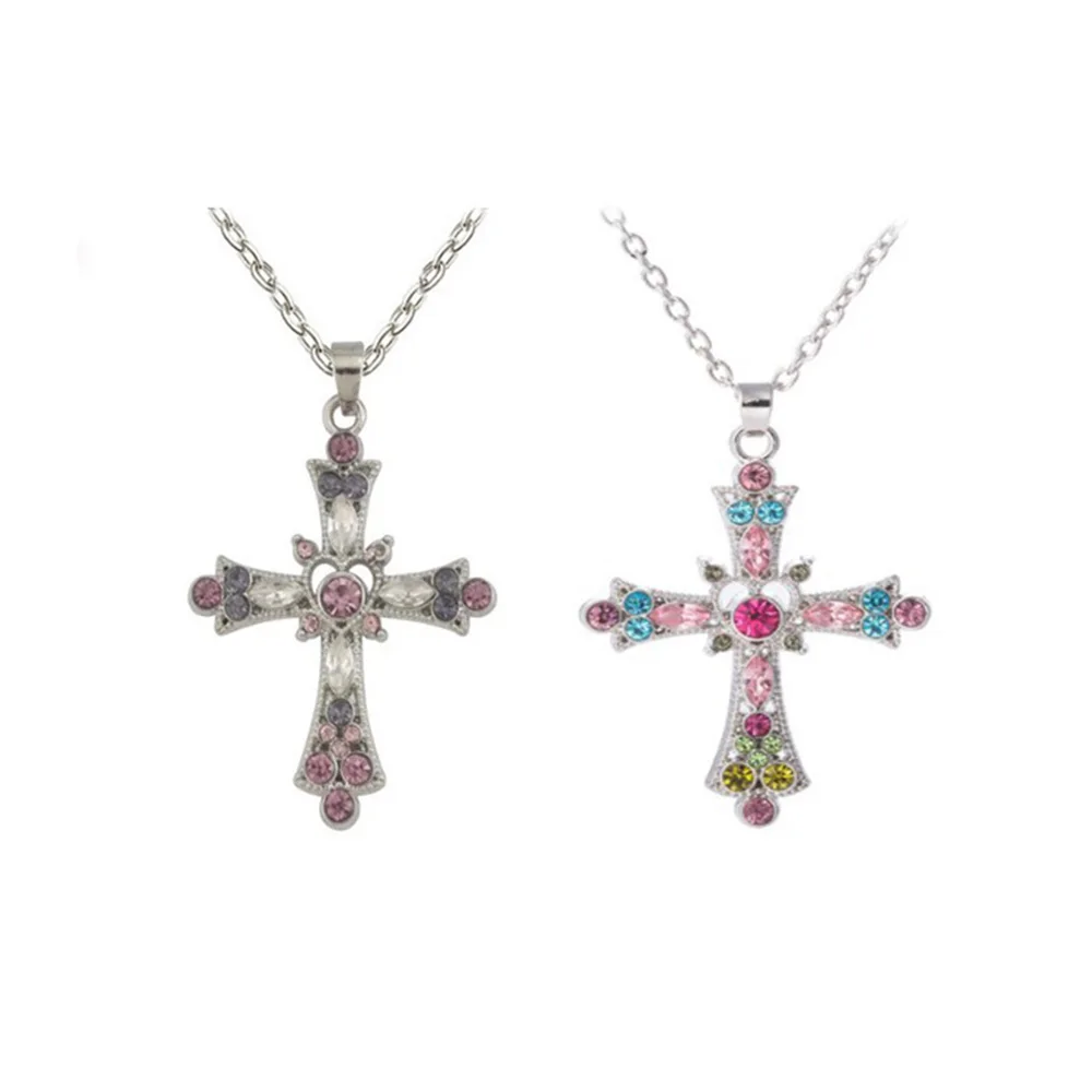Bohemian Colorful Rhinestone Cross Necklace For 2025 new Women Exquisite Cross Pendant Alloy Choker Clavicle Chain Jewelry Friend Gifts