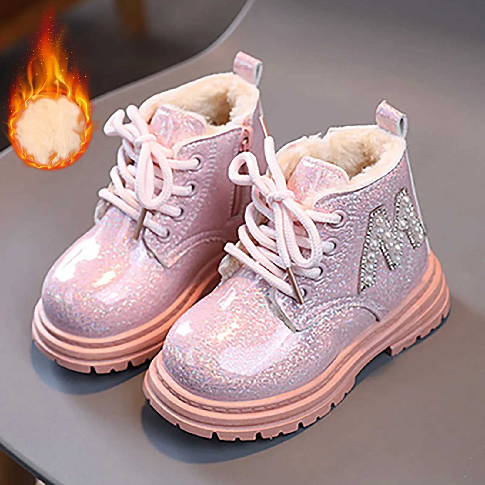 Childrens fashionable rubber ankle boots cool autumn and winter cotton soft sole sparkling leather M pearl sled zipper girls fashion shoes M241102