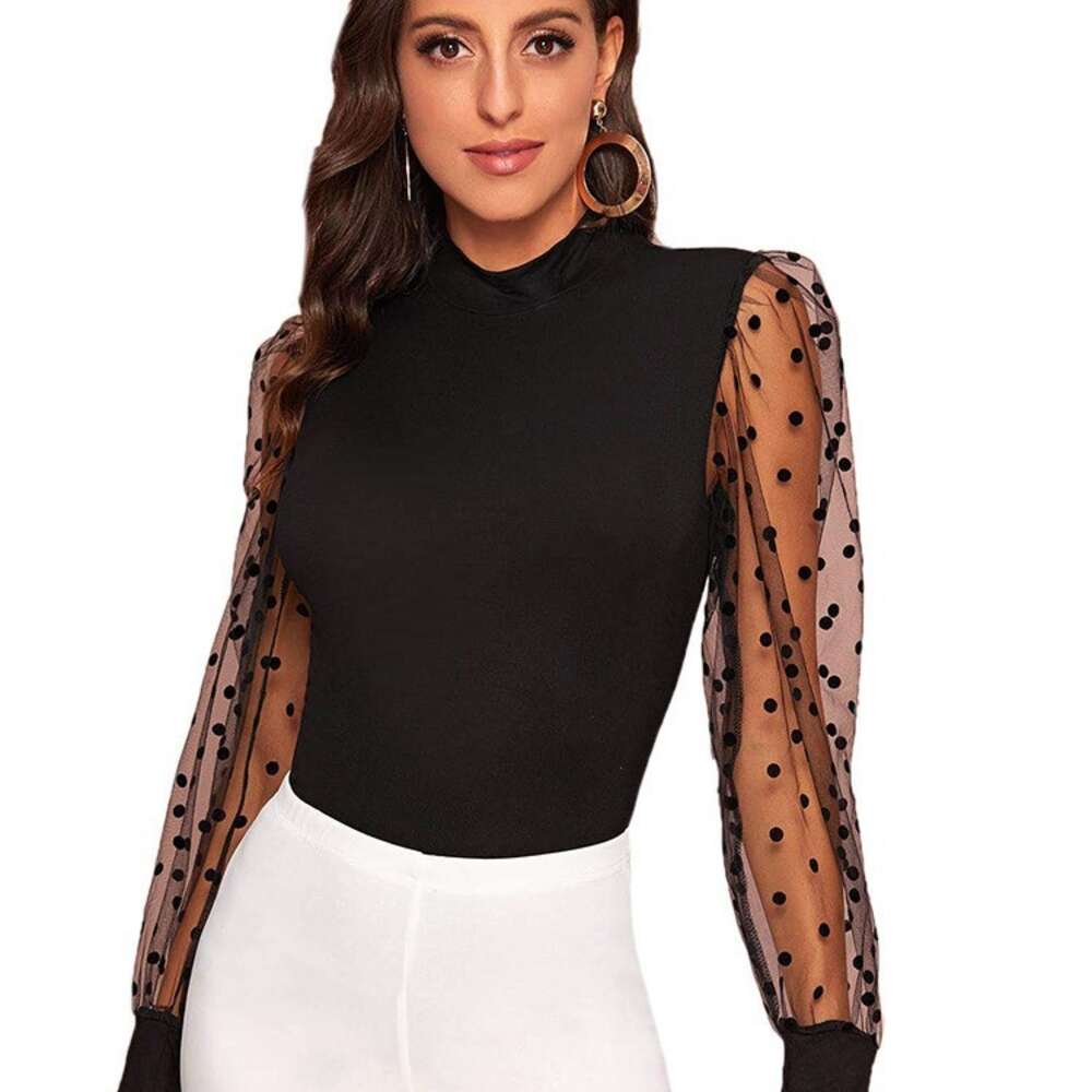 Women's Black Lace Elastic Loose Transparent Polka Dot Long Sleeved Top T-shirt