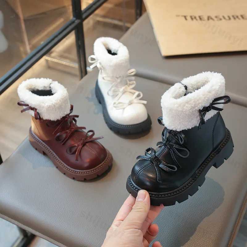 New winter boots suitable for girls design bow tie childrens flat fashion boots thick faux fur warm childrens cotton snow boots M241102