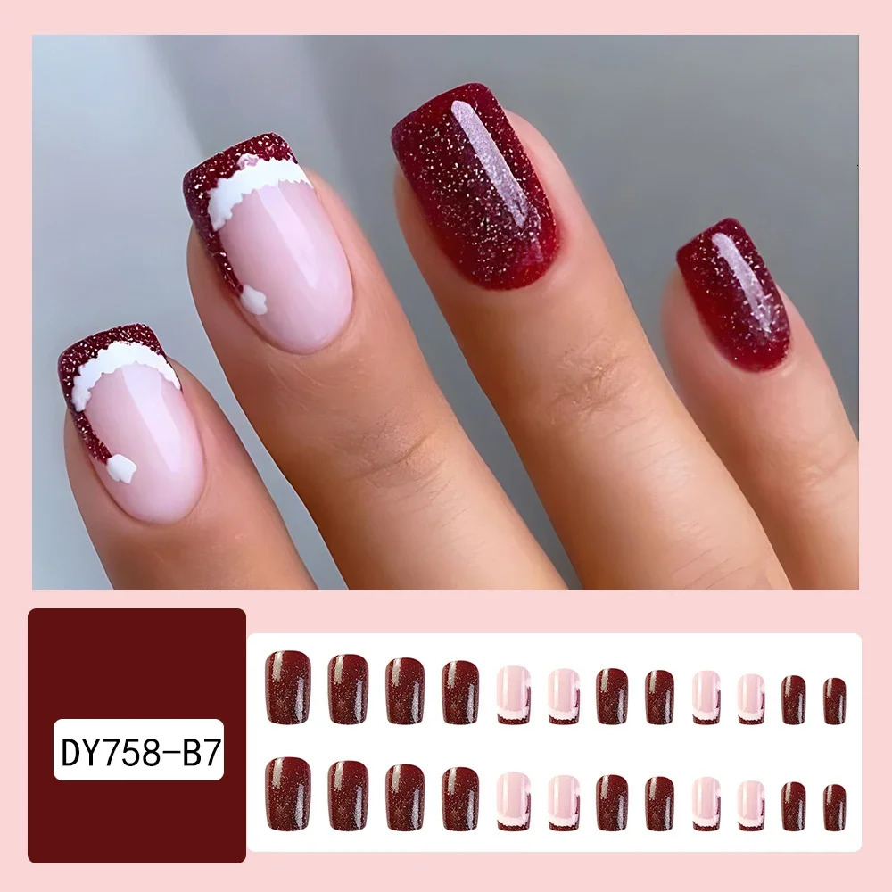 24 glossy square pressed nails red Christmas glitter fake nails French style reusable fake nails 241031