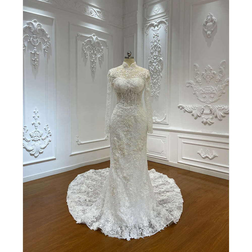Customized High Neck Long Sleeve Soft Lace Mermaid Wedding Dress