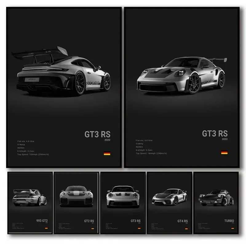 Black and white popular luxury German sports car poster wall art 911 GT3 RS Turbo printed canvas oil painting used for garage family room decoration Y241104