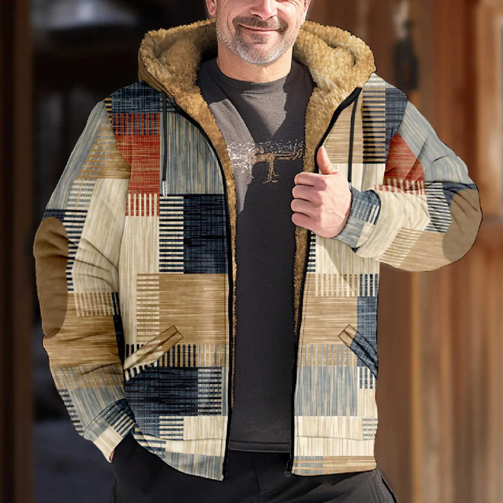 Mens Zipper Hoodie Buffalo Pattern Printed Casual Winter Clothing Long Sleve Sportswear Casual Hoodie Jacket Coat W241102