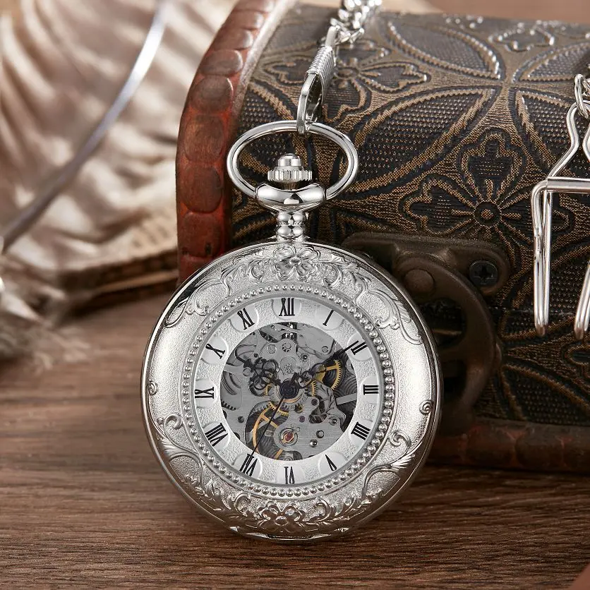 New 2 new Sides Open Gift Carving Mechanical 2025 Pocket Watch Men Women Fob Hand Wind Double Hunter Roman Numerals