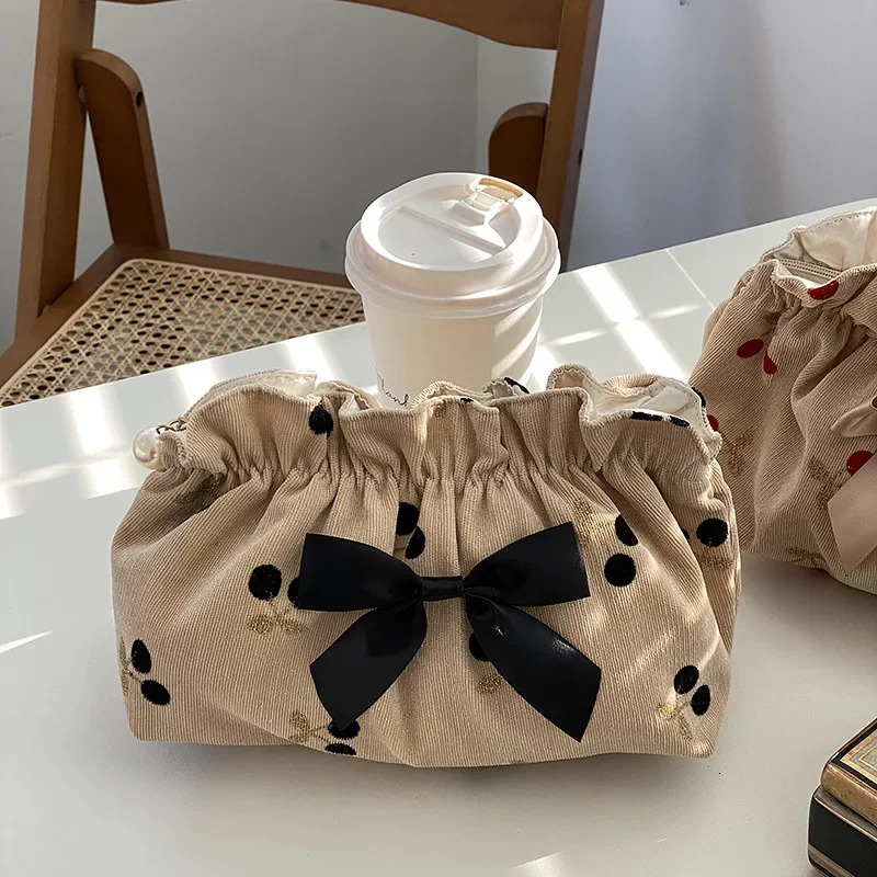 Soft Corduroy cherry cosmetic bag suitable for female organizers large capacity cosmetic lipstick bag female travel storage bag makeup Sac 241031