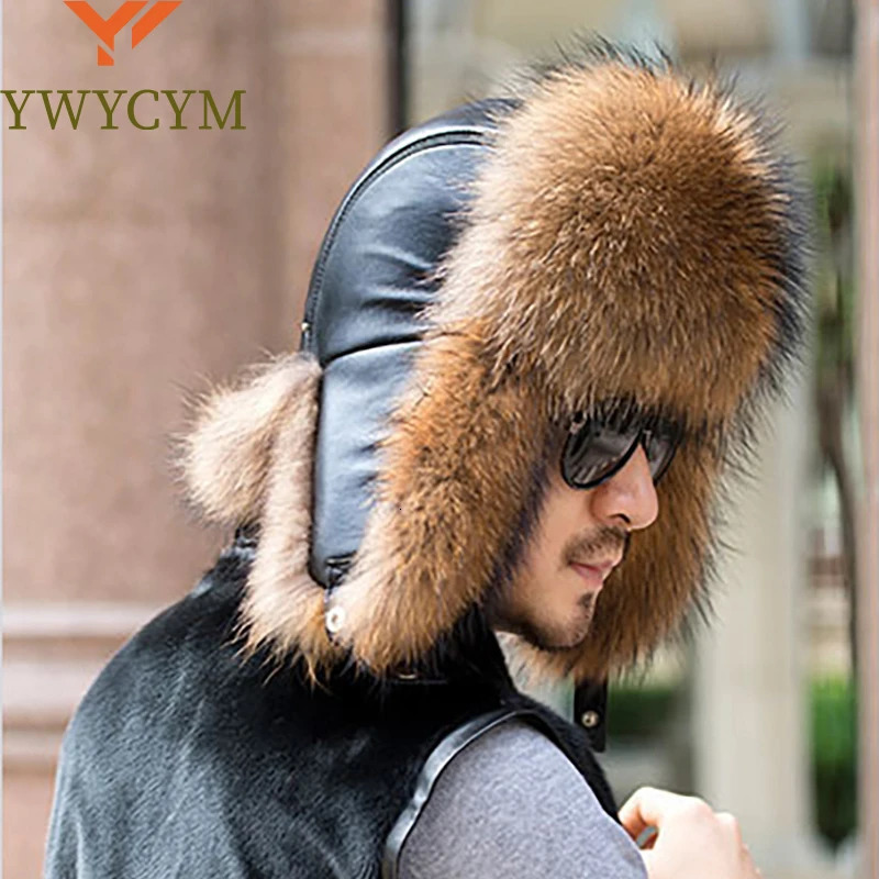 Winter Mens 100% Real Silver Fox Fur Bomber Hat Raccoon Fur Usanka Hat Catcher Russian Mens Ski Hat Real Leather 241031