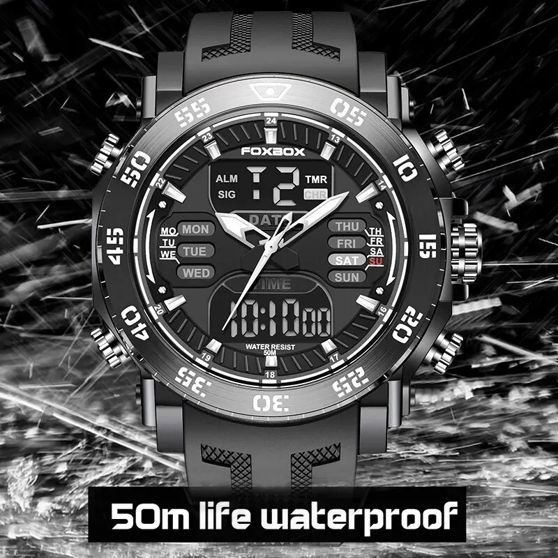 FOXBOX Digital Men Watch 50m Waterproof Wristwatch LED Quartz Clock 2025 Sport new Watch Male Big Watch Men Relogios Masculino