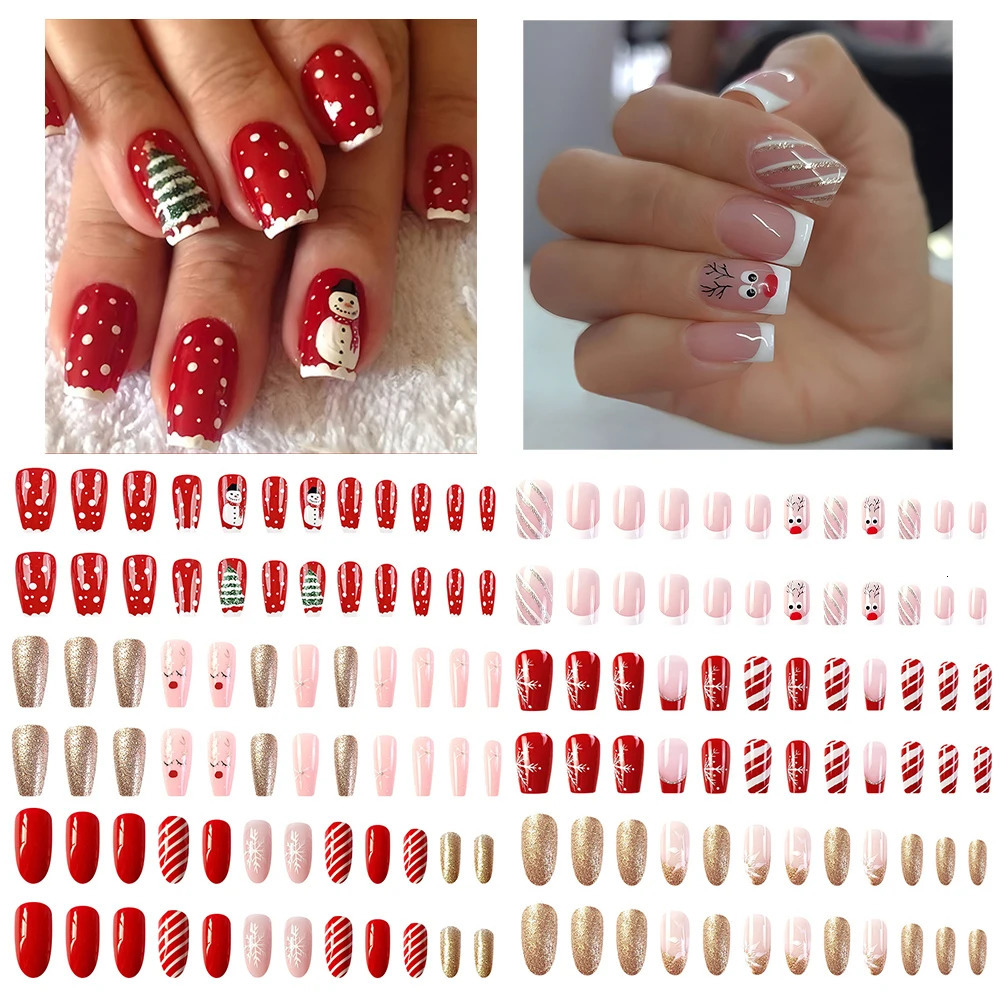 6 packs 144pcs of Christmas gifts for women pressed on nails Christmas fake nail decoration nail tips acrylic fake nails girls gift 241031