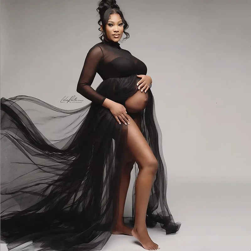 High Neck Stretchy Mesh Maternity Pography Tulle Dress Full Sleeve See Through Pregnancy Mesh Maxi Dress For Poshoot 240319