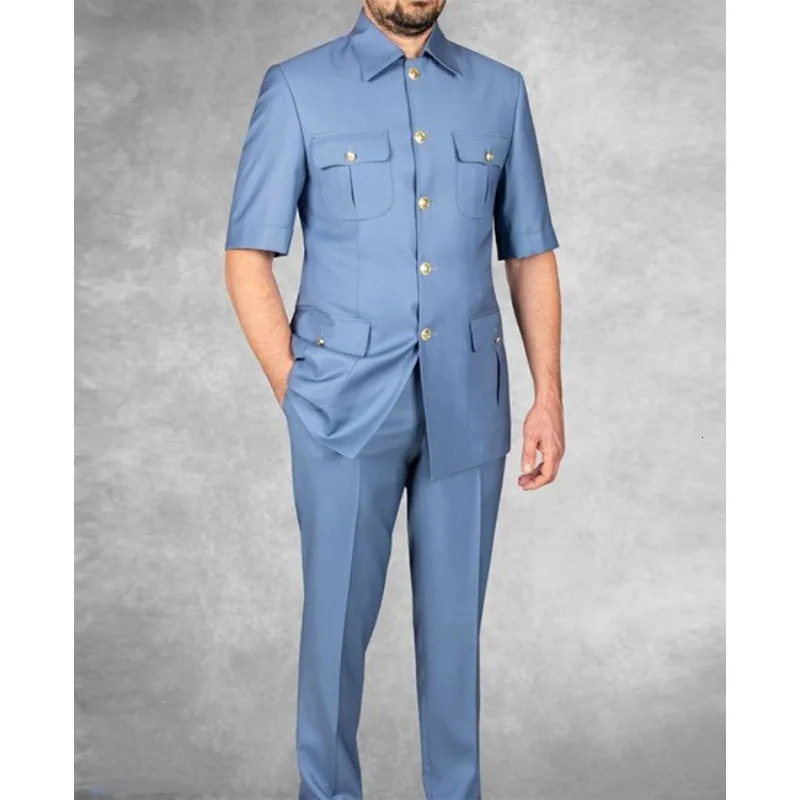 Mens Blazers Suits Casual Elegant Fashion Short Sleeves Lapel Collar Single Breasted Shirt Pants 2Pcs Business Blazer 241024