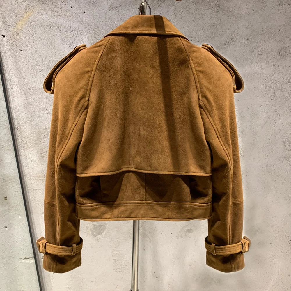 Suede leather jacket womens winter genuine sheepskin coat with wide shoulders and apron 23012 241031