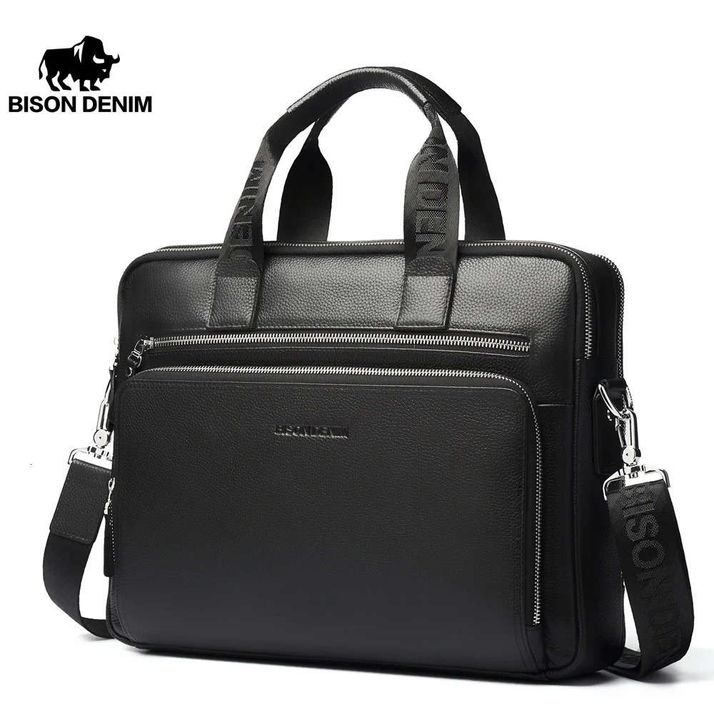 BISON DENIM Men Bag Genuine Leather Work Briefcases 14 Laptop Mens Business Crossbody Messenger Shoulder For Man 241029
