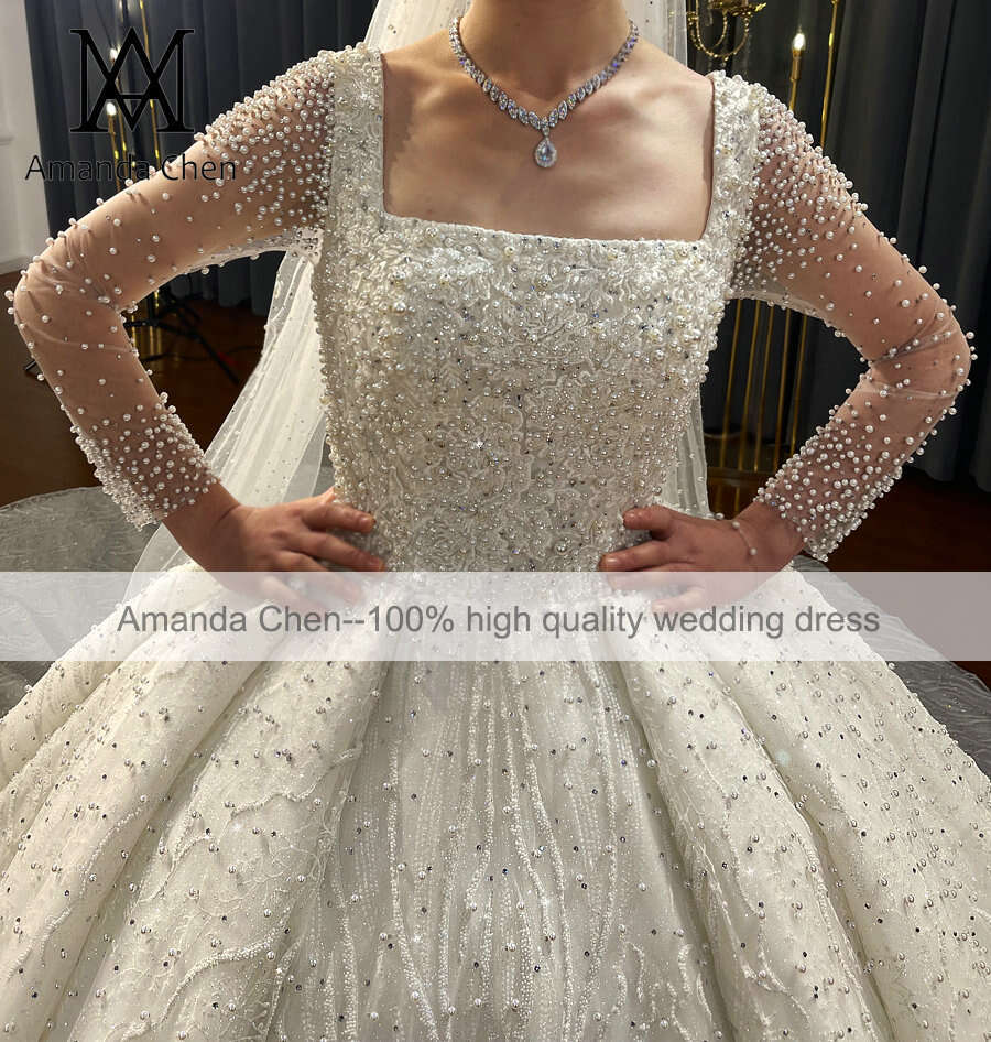 Full Sleeve Square Necke Pearls Wedding Dress