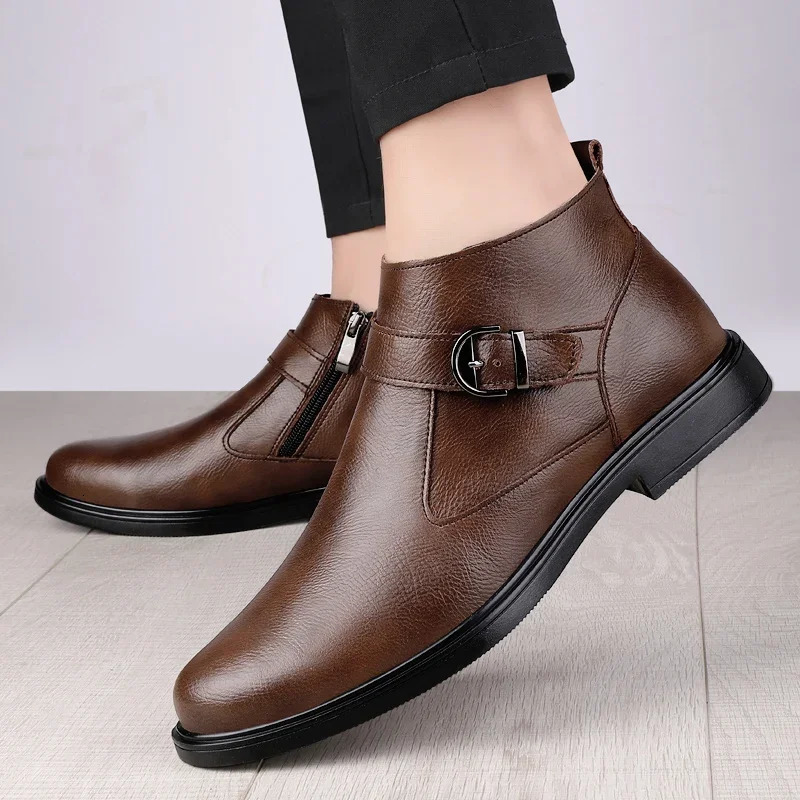 Winter plush warm black Chelsea mens boots business formal high-end leather shoes British style low boots casual wedding shoes 241031