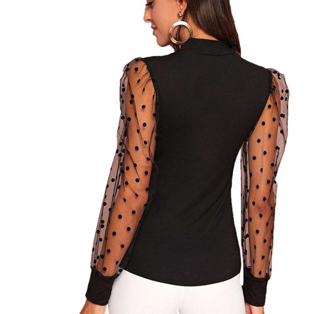 Women's Black Lace Elastic Loose Transparent Polka Dot Long Sleeved Top T-shirt