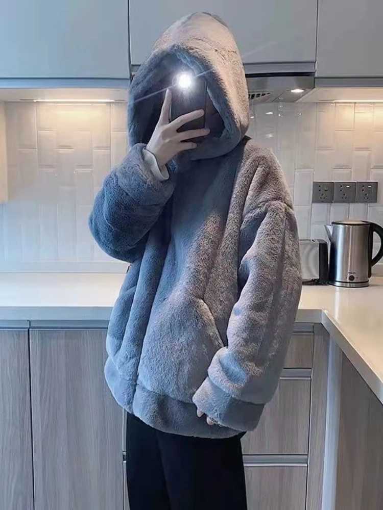 Gmiixder Winter Plush Fake Fur Coat for Mens Korean High Street Oversize Preppy Thickened Hooded Cashmere Imitation Fur JacketXJ241102